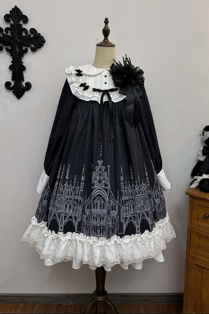 【10月13日予約締切】Gothic Doll Black White Cathedral Print Lace Trim Lolita Op Dress+ Full Dress Set (Flat Hat, Sash, Castle Flower Brooch)