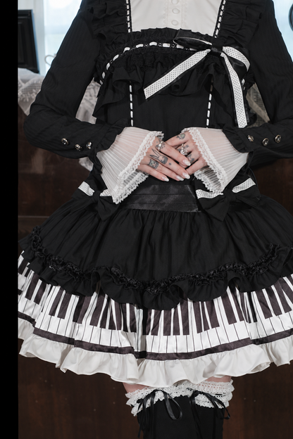 [Date limite de réservation : 22 octobre] Robe de poupée taille basse gothique Lolita à pois/noire avec touches de piano, nœud à volants