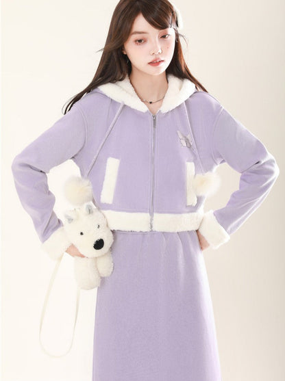 Fur Ball Hoodie Purple Zip Sweat Jacket + Skirt