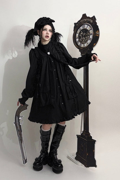 【11月6日予約締切】White/Black Gothic Lolita Drawstring Frill Strap Doll Dress
