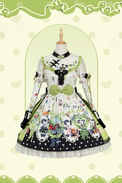 [Pre-order Deadline: October 25] Pink/Green Chinoiserie Lolita Sweet Panda Print Bow Bell Sleeve OP Dress