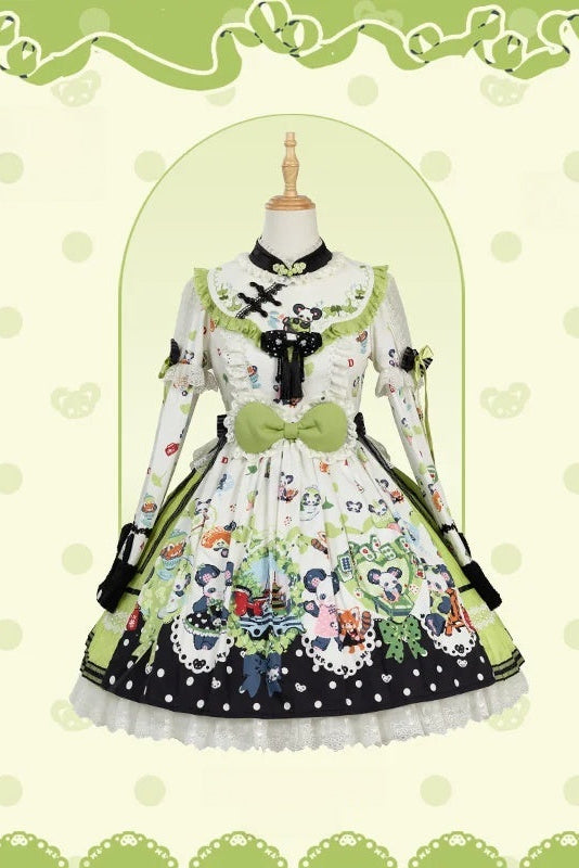 [Pre-order Deadline: October 25] Pink/Green Chinoiserie Lolita Sweet Panda Print Bow Bell Sleeve OP Dress