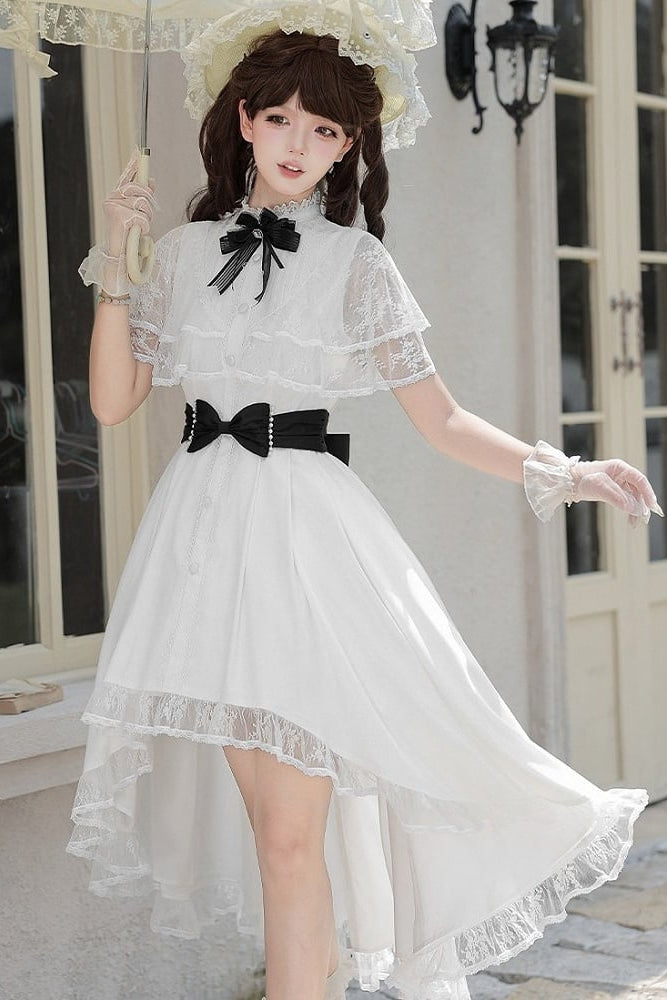 【10月8日予約締切】White Classic Lolita Black Bow High-Low Dress(Sheer lace hem version / Plain satin frill hem version)