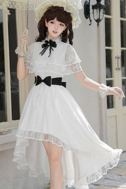 【10月8日予約締切】White Classic Lolita Black Bow High-Low Dress(Sheer lace hem version / Plain satin frill hem version)