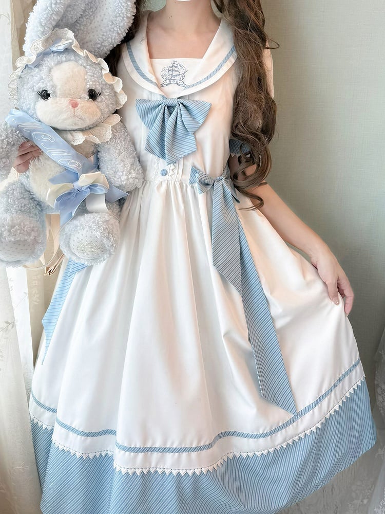 [Reservierungsschluss 28. Juni] 5 Farben/Sailor-Lolita-Streifenkleid mit Schleife und Puffärmeln