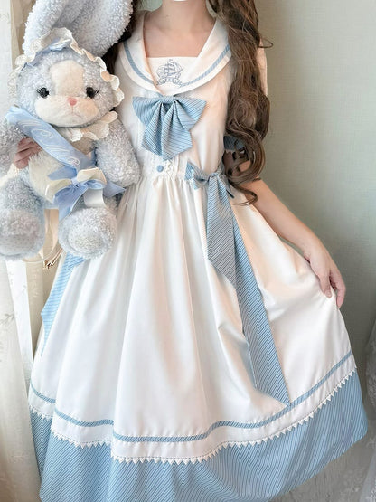 [Reservierungsschluss 28. Juni] 5 Farben/Sailor-Lolita-Streifenkleid mit Schleife und Puffärmeln