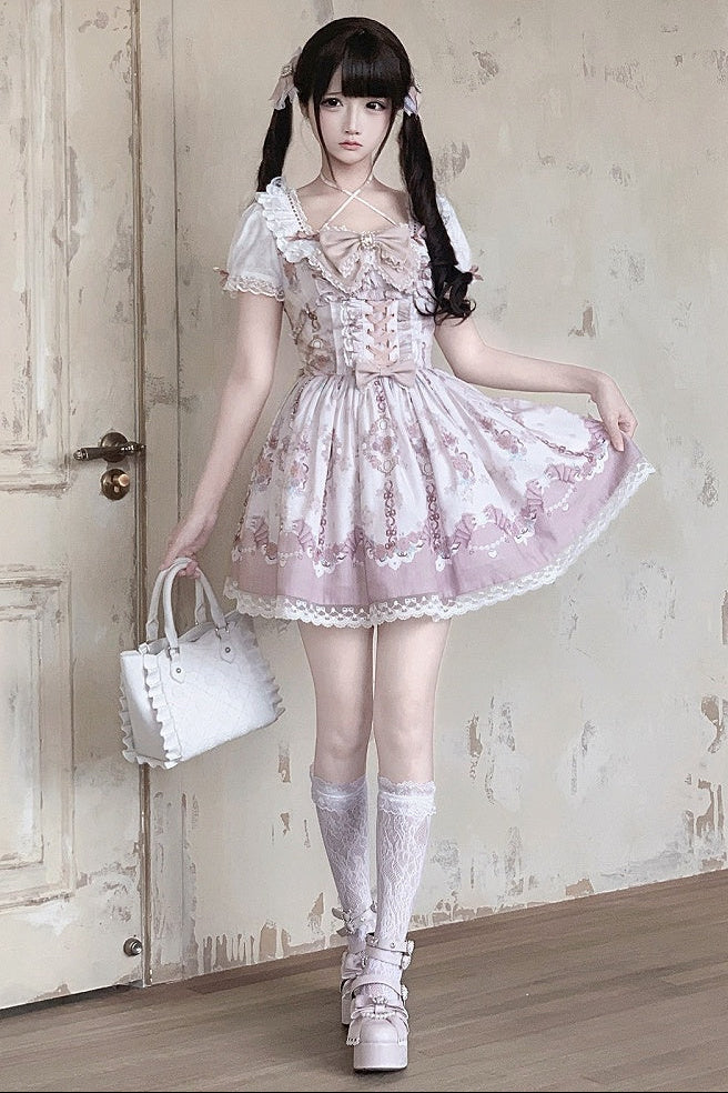 【6月15日予約締切】ロマンティックフローラルピンクレースアップジュエルリボンドレス