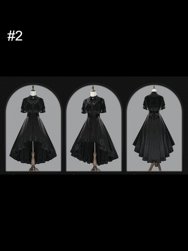 【10月8日予約締切】Black Classic Lolita Black Bow High-Low Dress(Sheer lace hem version / Plain satin frill hem version)