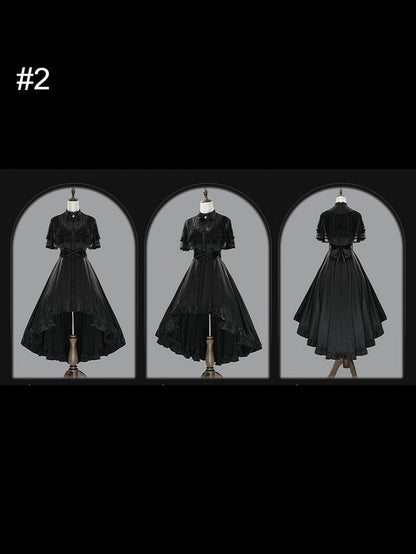 【10月8日予約締切】Black Classic Lolita Black Bow High-Low Dress(Sheer lace hem version / Plain satin frill hem version)