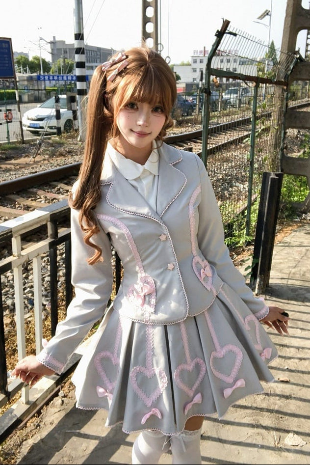 [Pre-order Deadline: June 28] Pink/Gray Vintage Lolita Heart Ribbon Tailored Jacket + Skirt + Tie
