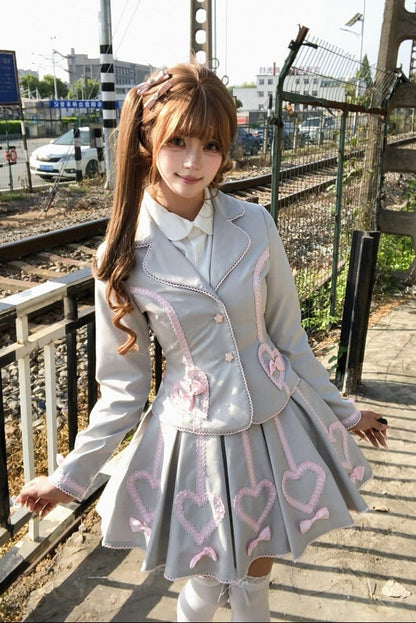 [Pre-order Deadline: June 28] Pink/Gray Vintage Lolita Heart Ribbon Tailored Jacket + Skirt + Tie