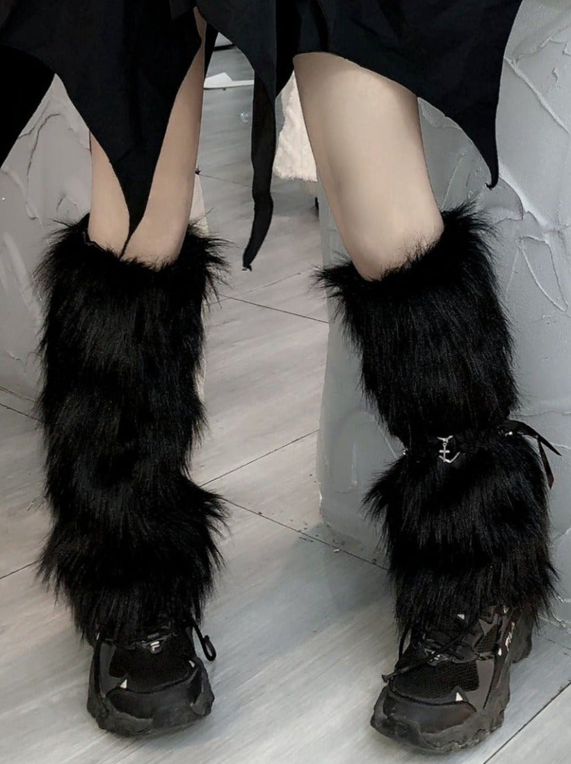 Black faux outlet fur leg warmers