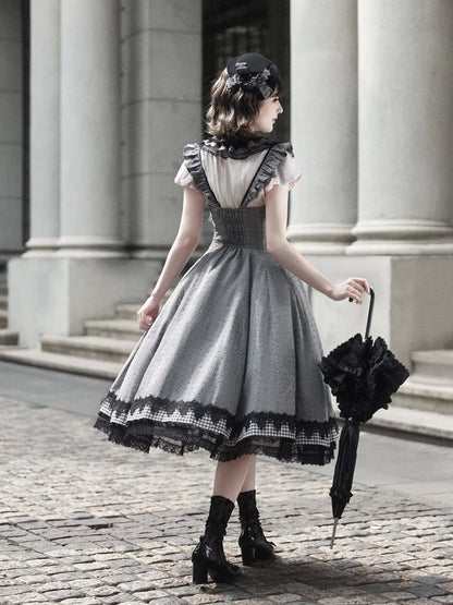[Pre-order Deadline: May 19] Gray-Black Classic Lolita Top, JSK One-Piece & Bow Tie 3-Piece Ensemble
