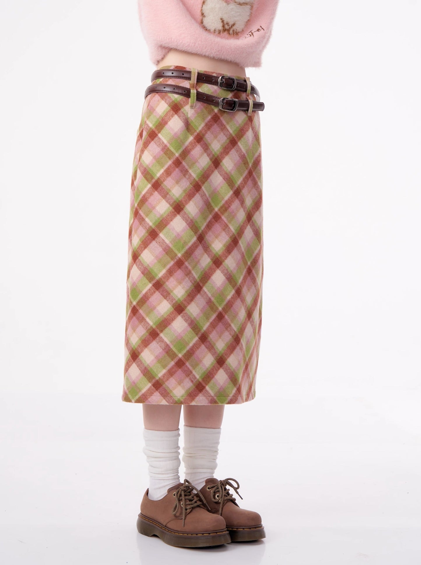 Maillard High Waist Slim Green Mid Length Check Wool Skirt