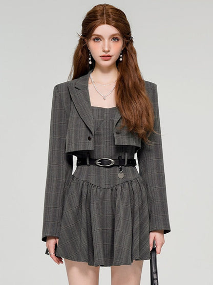 College Style Classic Gray Check Short Jacket + Dress