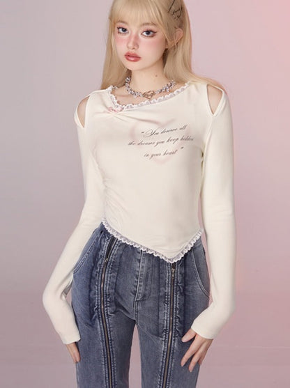 Letter Asymmetrical Slim Lace Tops