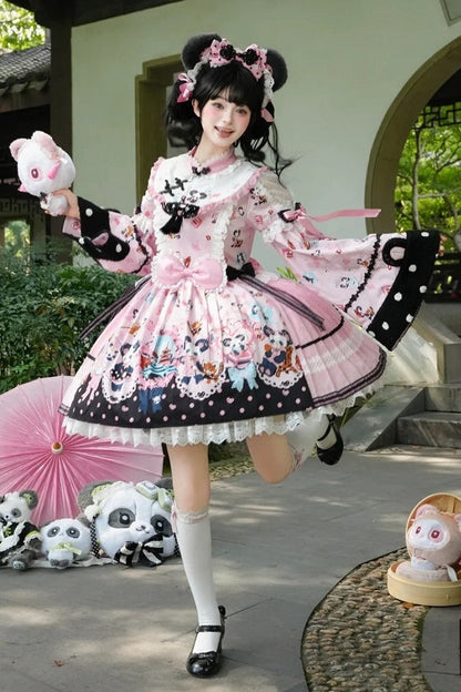 [Pre-order Deadline: October 25] Pink/Green Chinoiserie Lolita Sweet Panda Print Bow Bell Sleeve OP Dress