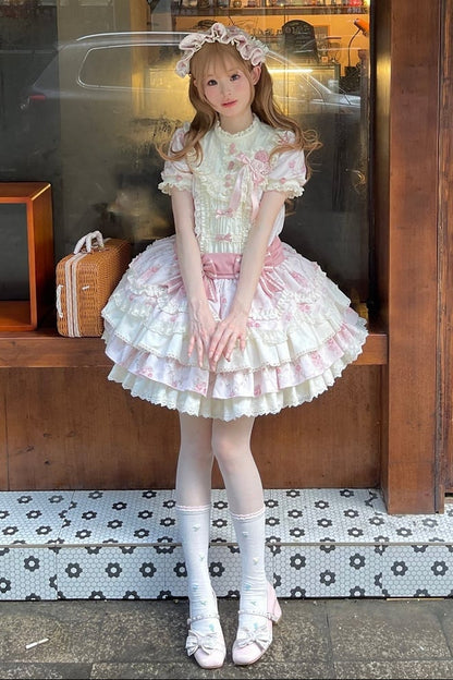 [Reservierungsschluss 7. September] Pink-blaues süßes Lolita-Stufenkleid mit romantischem Rosenprint