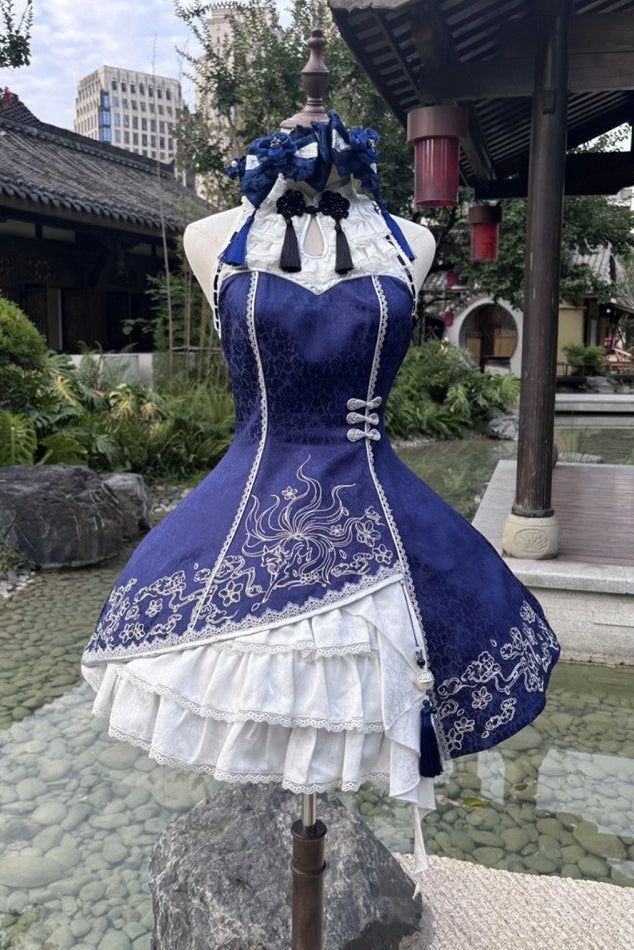 [Reservierungsschluss am 9. Oktober] Dunkelblau-weißes Gothic-Chinese-Lolita-Kleid mit Stickerei eines neunschwänzigen Fuchses + schulterfreie Jacke mit Glockenärmeln im Set