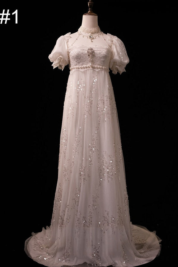 [Pre-order Deadline: October 9] White Classic Lolita Puff Sleeve Sequin Empire Greek Goddess Long Dress Type 1/2 + Back Ribbon Train (Short/Long)