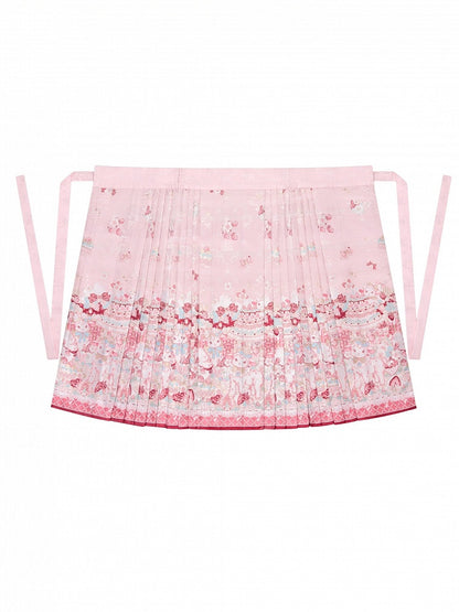 【10月21日予約締切】Pink/Blue Hanfu-inspired Little Lamb Tea Party Lace Wide Sleeve Blouse + Printed Ruffle Skirt + Pleated Mamian Skirt + Strawberry Embroidered Ribbon Lace Apron