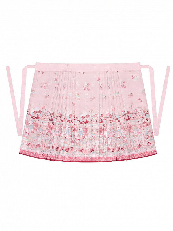 【10月21日予約締切】Pink/Blue Hanfu-inspired Little Lamb Tea Party Lace Wide Sleeve Blouse + Printed Ruffle Skirt + Pleated Mamian Skirt + Strawberry Embroidered Ribbon Lace Apron