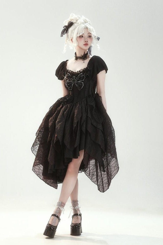 【10月28日予約締切】Black Butterfly Gothic Lolita Puff Sleeve Dress Top + Layered Ruffle Asymmetrical Hem Skirt Set (With Chest Brooch + Waist Brooch)