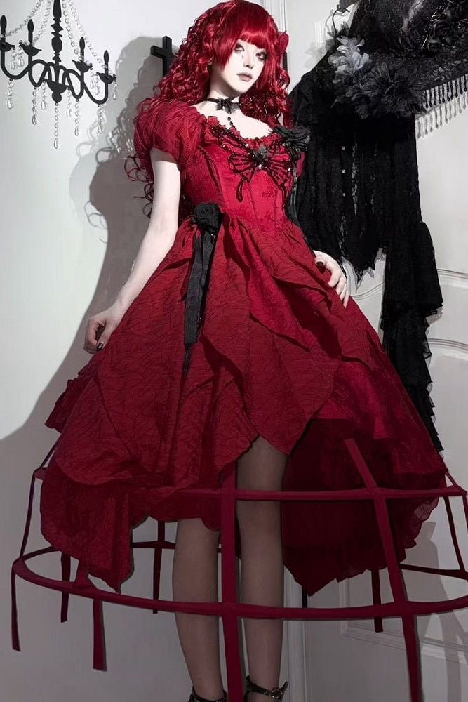 【10月28日予約締切】Red Butterfly Gothic Lolita Puff Sleeve Dress Top + Layered Ruffle Asymmetrical Hem Skirt Set (With Chest Brooch + Waist Brooch)