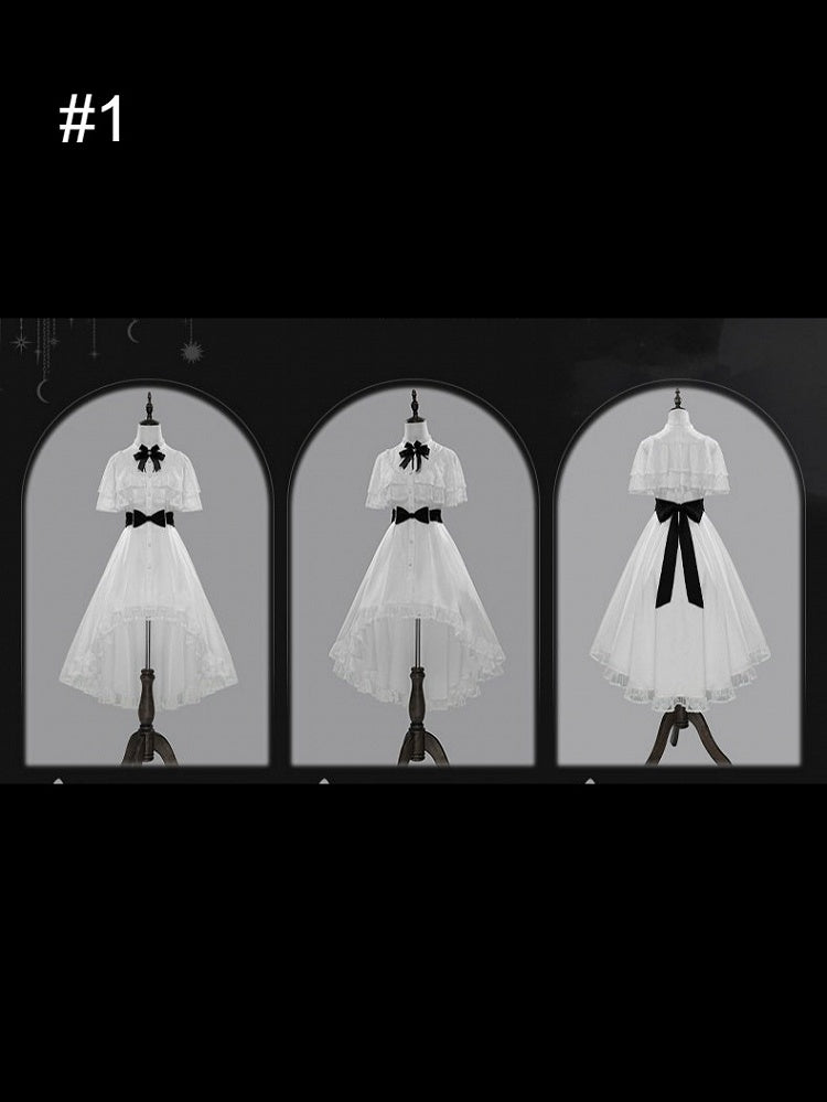 【10月8日予約締切】White Classic Lolita Black Bow High-Low Dress(Sheer lace hem version / Plain satin frill hem version)
