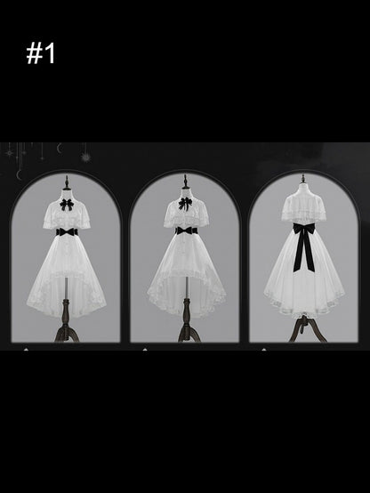 【10月8日予約締切】White Classic Lolita Black Bow High-Low Dress(Sheer lace hem version / Plain satin frill hem version)