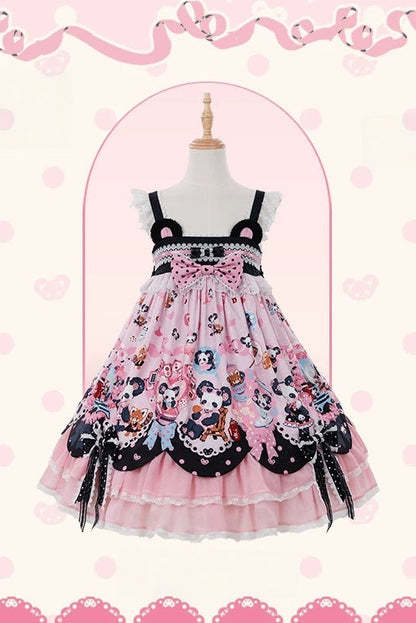 [Pre-order Deadline: October 25] Pink/Green Chinoiserie Lolita Sweet Panda Ear Bow High-Waist Tiered JSK Dress + Bow-Waist Panda Print Dress