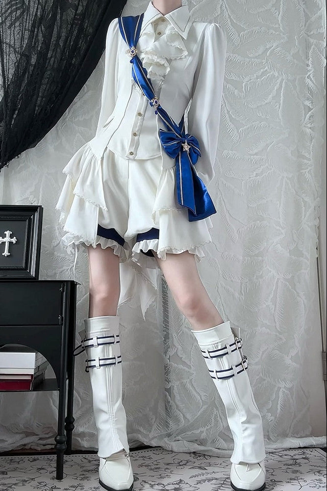 【9月13日予約締切】Blue White Military Ruffle Lolita Jacket (with epaulet bow) + Shirt + Short Skirt Set / Shorts Set + Complete set 1/2 (Officer cap + Leg covers + Sash)