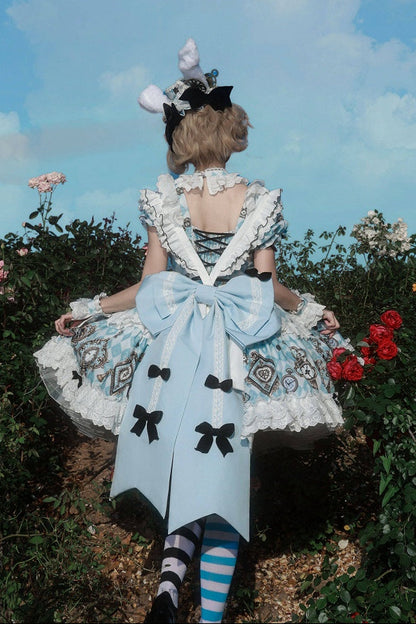 [Reservierungsschluss 30. Juni] Blaue x weiße Alice-im-Wunderland Sweet-Lolita-Accessoires-Serie (Hasenohren-Hut, Hasenohren-Haarreif, Halsband, Taschenuhr-Brosche, rückseitige Schleppen-Schleife, Handgelenkstulpen)
