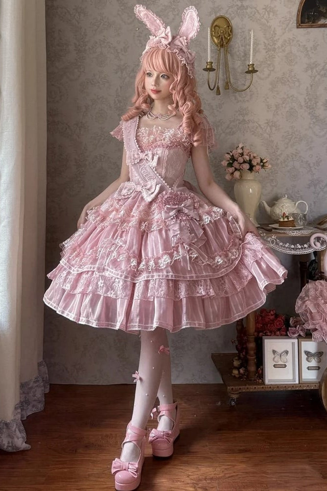【6月20日予約締切】ピンク/ブルースイートラビットリボンフェアリープリンセスレースティアードJKSドレス