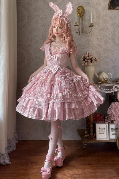 【6月20日予約締切】ピンク/ブルースイートラビットリボンフェアリープリンセスレースティアードJKSドレス