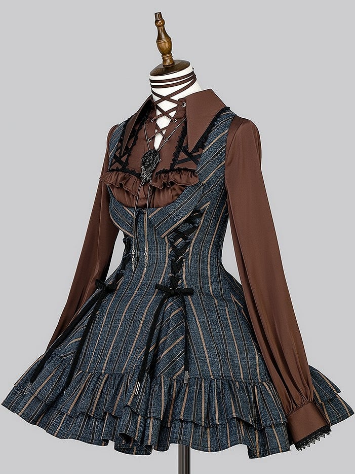 【12月29日予約締切】ゴシックロリータストライプバッククロスフリルサスドレス