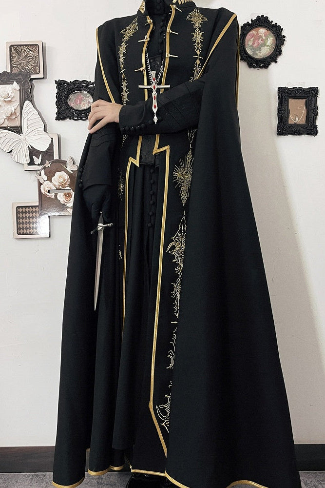 [Reservierungsschluss 13. September] Schwarz-goldener Gothic-Prinzen-Cape-Mantel mit königlicher Stickerei – 2 Stoffoptionen