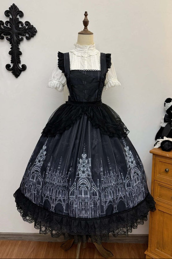 【10月13日予約締切】Gothic Lolita Black White Cathedral Series Accessories(Flat Hat, Crown Mini Hat, Sash, Back Ribbon Train, Waist Apron, Castle Flower Brooch, Brooch, Jabot)