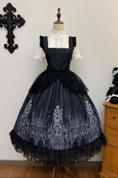【10月13日予約締切】Gothic Lolita Black White Cathedral Series Accessories(Flat Hat, Crown Mini Hat, Sash, Back Ribbon Train, Waist Apron, Castle Flower Brooch, Brooch, Jabot)