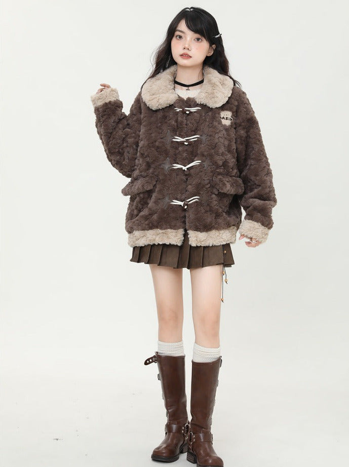 Horn Button Fluffy Fur Boa Coat