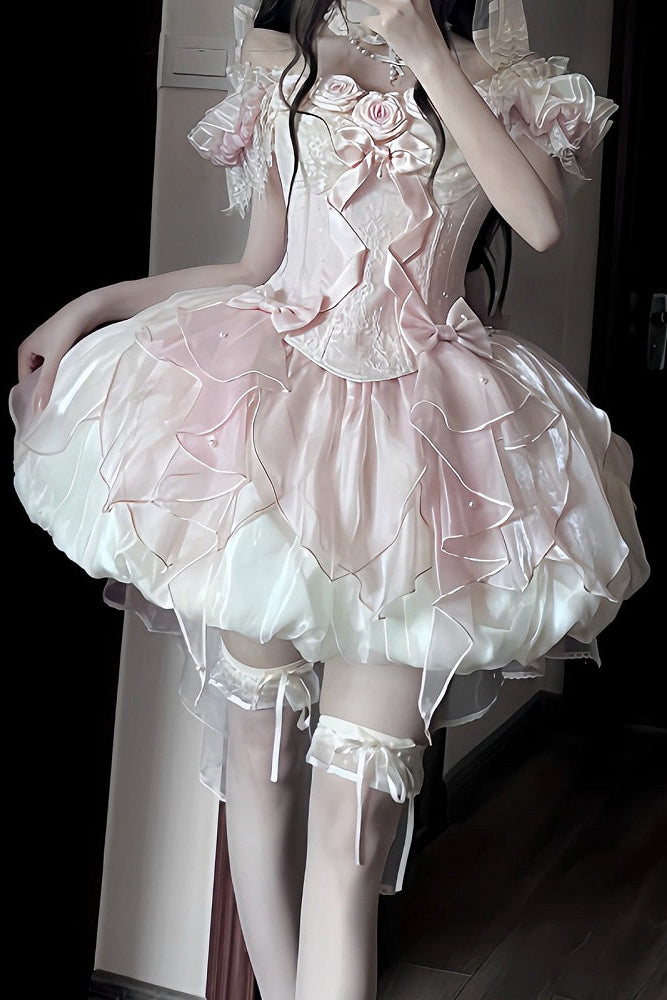 【9月6日予約締切】Romantic Rose Ballet Lolita Bow Lace Corset Bustier＋Layered Ruffle Bow Bubble Skirt + Bow Train（Set1/2）