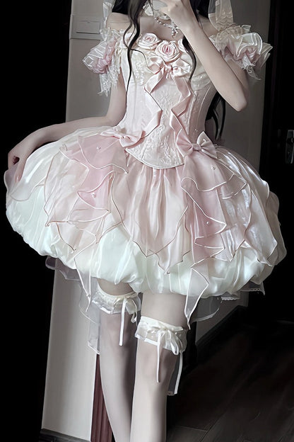 【9月6日予約締切】Romantic Rose Ballet Lolita Bow Lace Corset Bustier＋Layered Ruffle Bow Bubble Skirt + Bow Train（Set1/2）