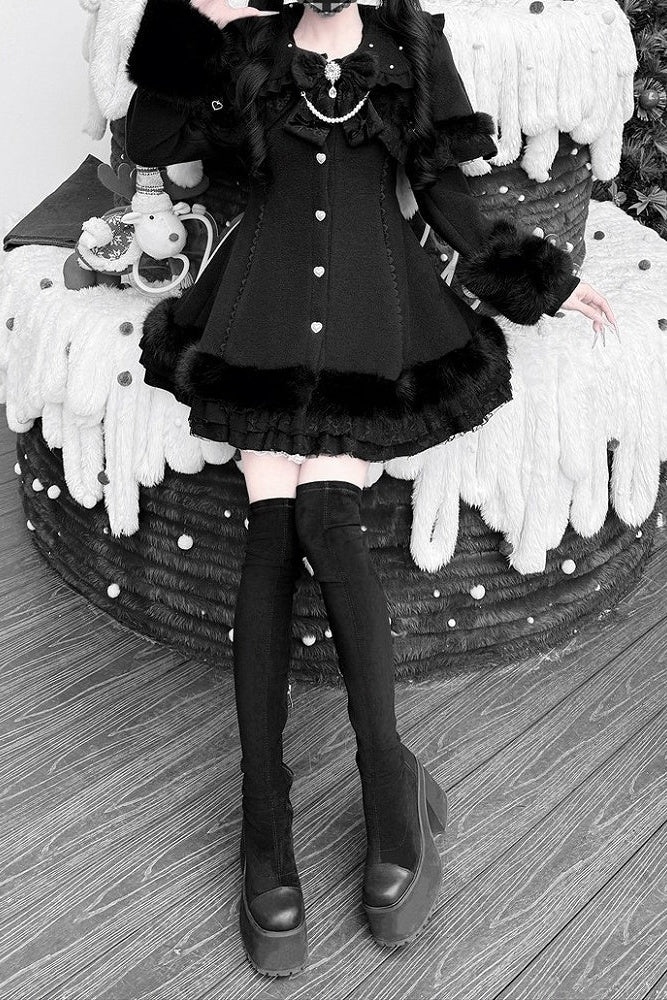 【11月13日予約締切】Black Pearl Bow-Tie Fur Coat With Detachable Cape And Fur Cuffs
