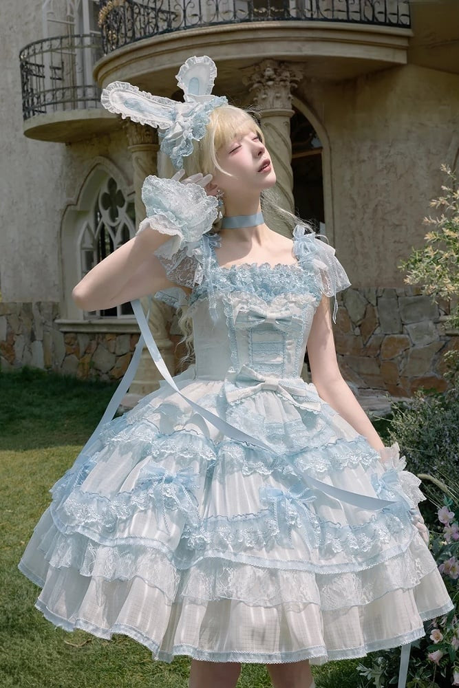 【6月20日予約締切】ピンク/ブルースイートラビットリボンフェアリープリンセスレースティアードJKSドレス