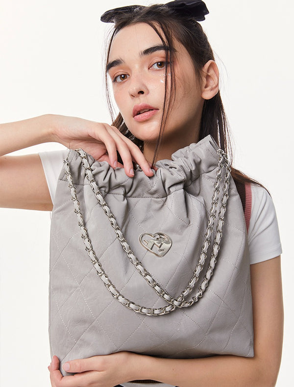 Cool Metal Diamond Stitch Leather Chain Tote Bag