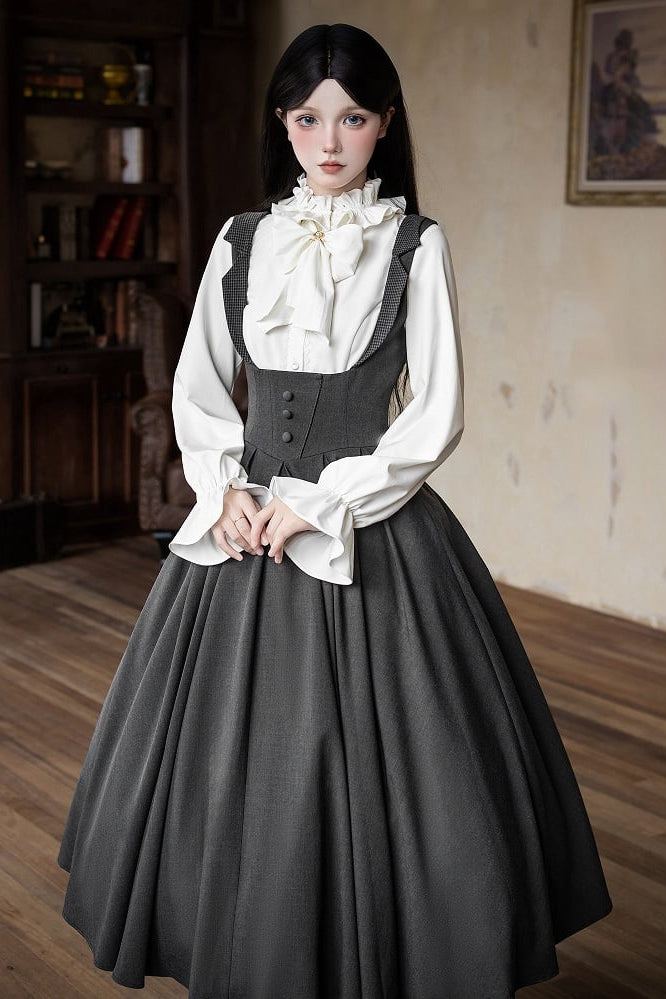【4月14日予約締切】ダークグレークラシックラペルショルダーロリータコルセットドレス（ショート・ロングA/B）