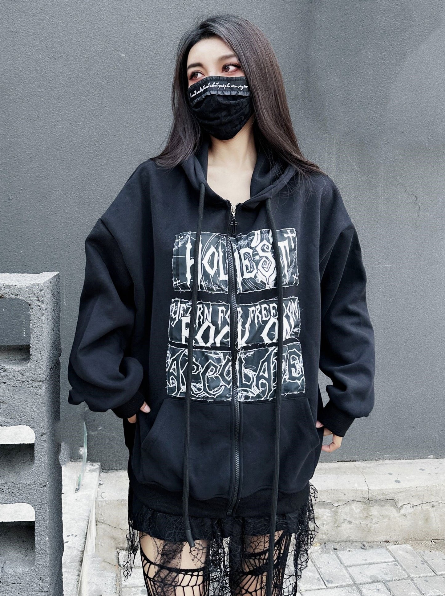 Punk Rock Print Loose Zip Hoodie