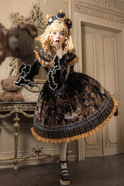 [Reservierungsschluss 8. September] Classic Bear Lolita-Stufenkleid mit weißem Kragen, Karomuster, Spitze und Schleife+Vintage-JSK-Kleid mit Teddybär-Print und Spitze+Vintage-Lolita-Kleid mit Teddybär-Print, Karokragen und klassischem Karomuster