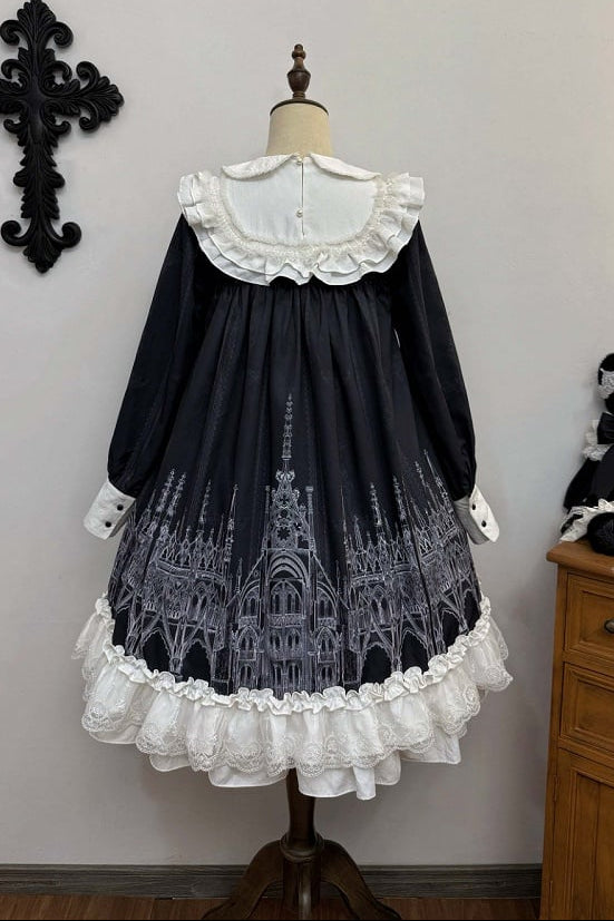【10月13日予約締切】Gothic Doll Black White Cathedral Print Lace Trim Lolita Op Dress+ Full Dress Set (Flat Hat, Sash, Castle Flower Brooch)
