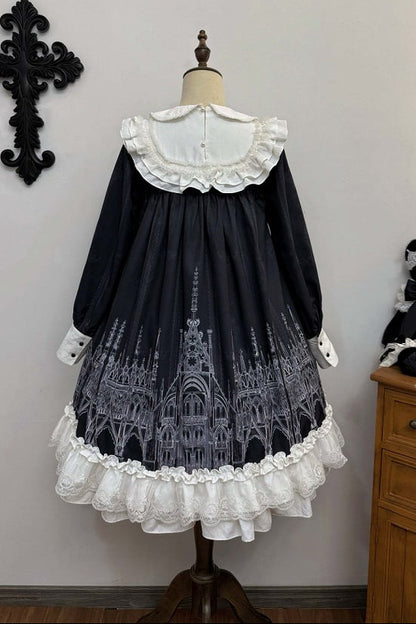 【10月13日予約締切】Gothic Doll Black White Cathedral Print Lace Trim Lolita Op Dress+ Full Dress Set (Flat Hat, Sash, Castle Flower Brooch)